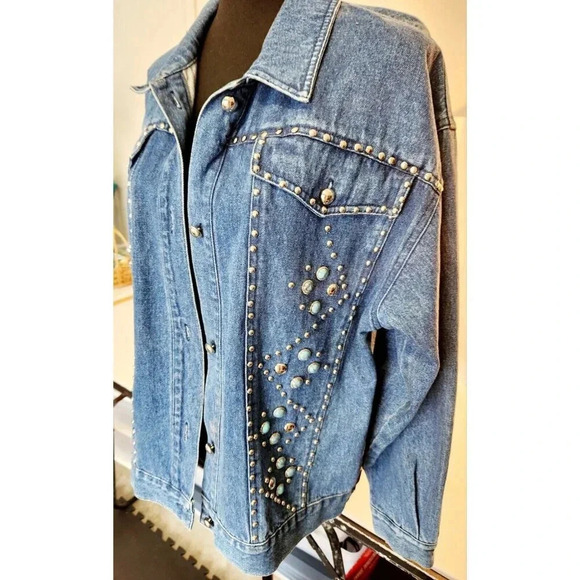 Vintage I.B. Diffusion Denim Jean Jacket Silver & Turquoise Studs Size 1… - Picture 3 of 14